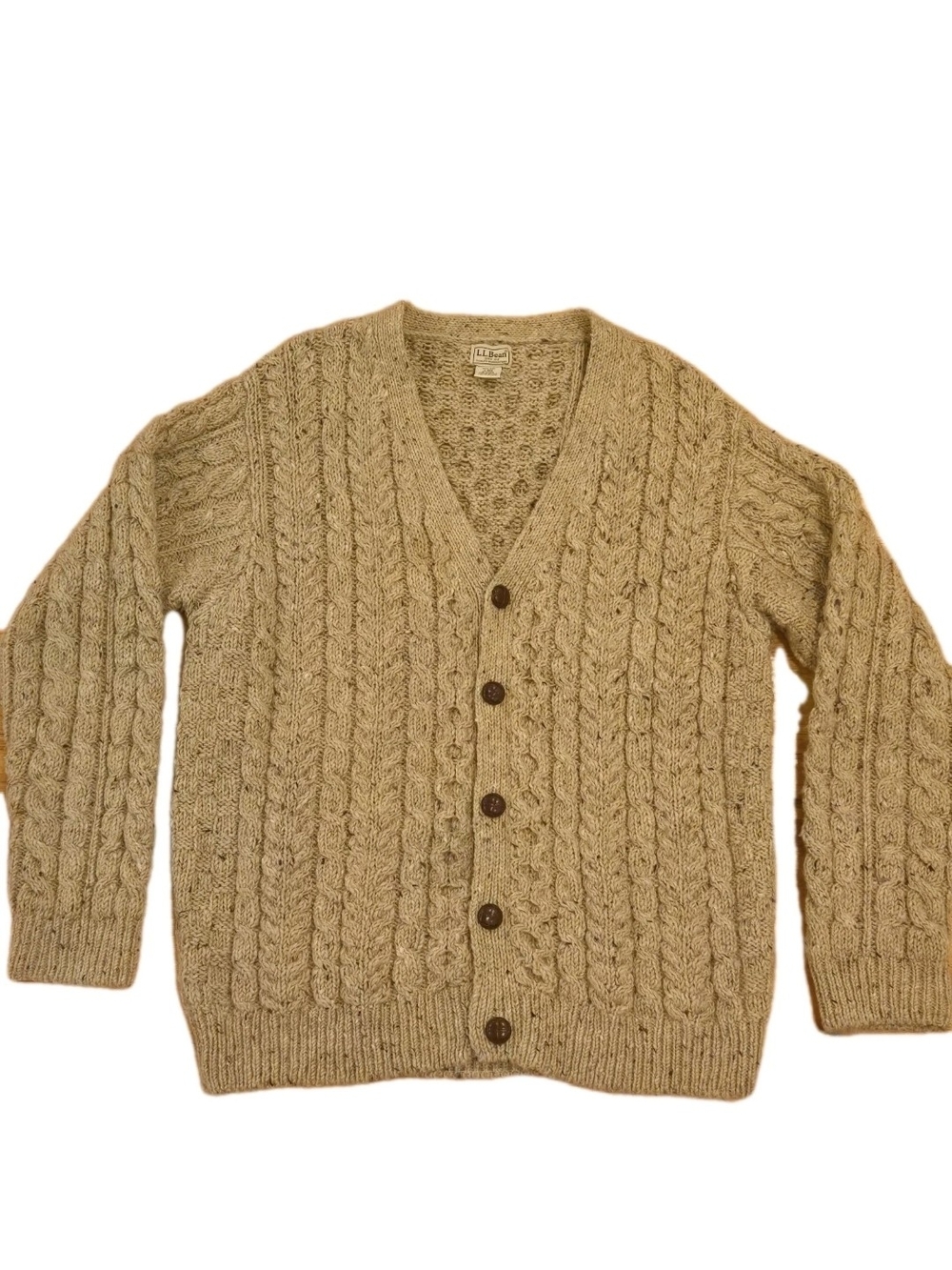 Vintage LL Bean Cardigan Sweater Sz L Oatmeal Wool Fisherman Cable Knit Ireland - Picture 1 of 7